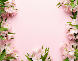 Obraz na płótnie Canvas Floral composition made of fresh pink alstroemeria on light pastel background. Festive flower concept. Flat lay, top view, copy space. Greeting card or wedding invitation card design.