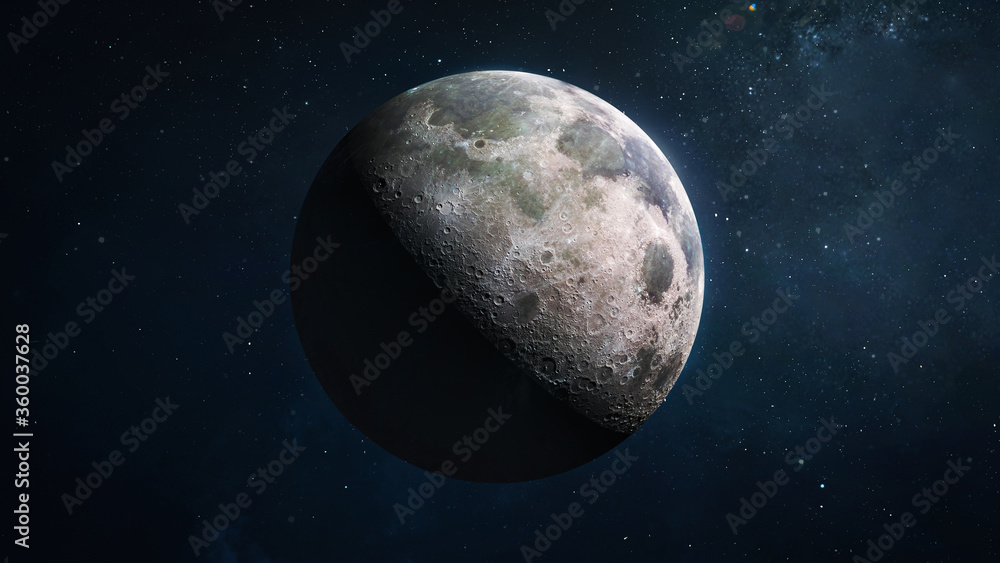 Poster Full moon in outer space. Blue dark space with stars and nebula. Satellite of Earth. Craters on planet. Elements of this image furnished by NASA.