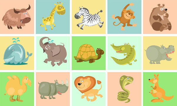 Vector illustration. Collection of cute cartoon animals. Hand-drawn. Separately against a colorful background. Pattern of squares with figures.