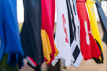 Colorful clothes hanging to dry on a laundry line