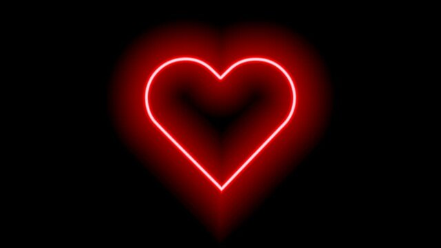 Heart shaped red neon light on black background. Heartbeat.