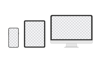 Monitor, tablet, smartphone, realistic vector set on a transparent background and transparent display
