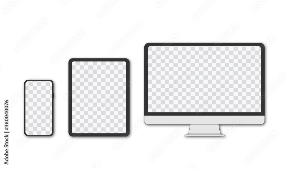 Poster monitor, tablet, smartphone, realistic vector set on a transparent background and transparent displa
