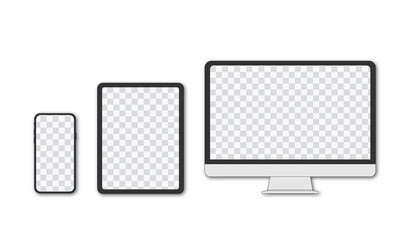 Monitor, tablet, smartphone, realistic vector set on a transparent background and transparent display