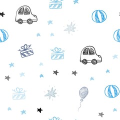 Naklejka premium Light BLUE vector seamless template in carnival style. Illustration with a gradient toy car, baloon, candy, star, ball. Template for new year postcards.