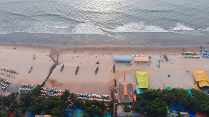 Aerial drone view of Arambol beach at Goa. India.