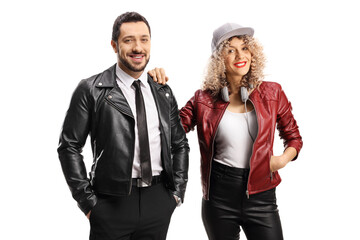Young man and woman in leather jackets posing togeather