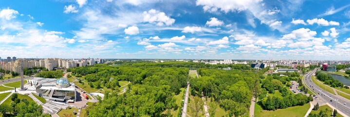 Park and museum complex "Victory" in Minsk. Belarus. Bird's-eye view of Komsomolskoe Lake, the Svisloch River and the center of Minsk