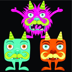 Illustration vector cute monsters with faces and horns