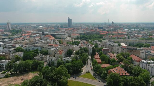 Aerial view of cityscape of Leipzig, historic city in Saxony - landscape panorama of Germany from above, Europe