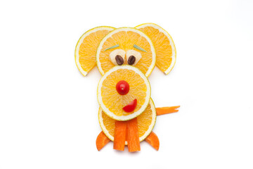 Food art creative concepts. Funny dog made of fruits and vegetables, such as orange, tomatoes and carrots isolated on a white background