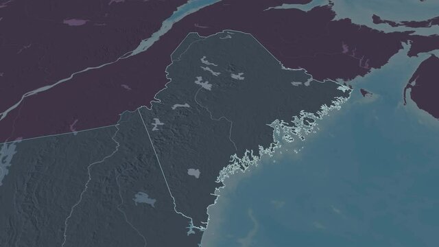Maine, state with its capital, zoomed and extruded on the administrative map of United States in the conformal Stereographic projection. Animation 3D