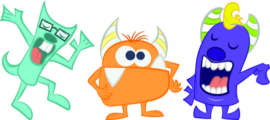 Illustration vector cute monsters with faces and horns
