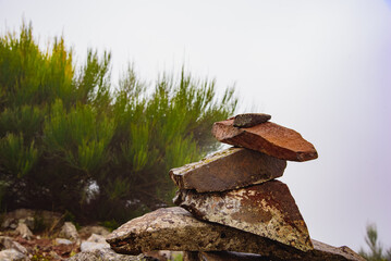 Mountain landscape. View of mountains and fog on the route Pico Areeiro - Pico Ruivo, Madeira