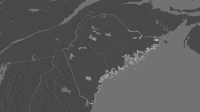 Maine, state with its capital, zoomed and extruded on the bilevel map of United States in the conformal Stereographic projection. Animation 3D