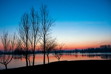 Beautiful evening landscape with lake and silhouettes of trees