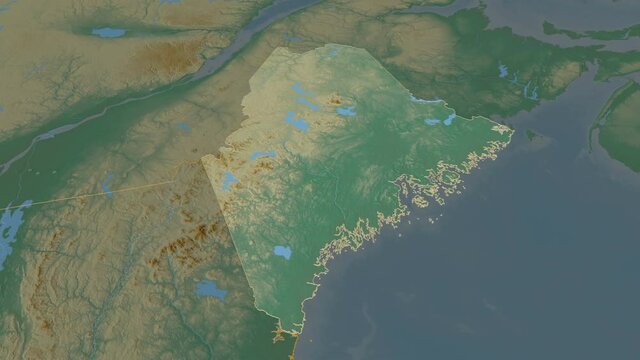 Maine, state with its capital, zoomed and extruded on the relief map of United States in the conformal Stereographic projection. Animation 3D