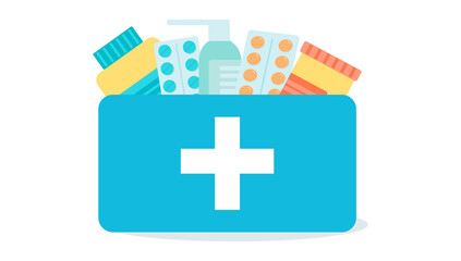 Obraz premium First aid kit with medicines inside. Pharmacy and Medical concept. Emergency medical case with cross, pills, bottle, spray in flat style design isolated on white background.