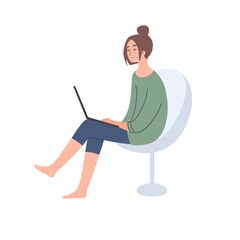 A young woman freelancer work from home on a laptop or communicates in social networks and sitting in a comfortable chair, isolated vector. Modern flat stock illustration.