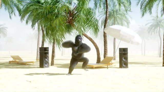 Funny gorillas and monkeys dancing on sunny seaside. Tourism and rest concept. Realistic 4K animation.