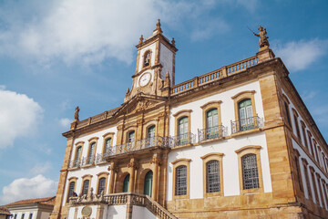 Fototapeta na wymiar Baroque Museum in Ouro Preto, Minas Gerais, Brazil. Low angle view from historical building. Architecture from de 18 century.