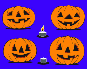 Set of halloween pumpkins and candles. Jack lantern with an ominous smile and triangular eyes. Funny decorations for Halloween. Hand drawing.