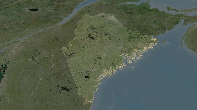 Maine, state with its capital, zoomed and extruded on the satellite map of United States in the conformal Stereographic projection. Animation 3D