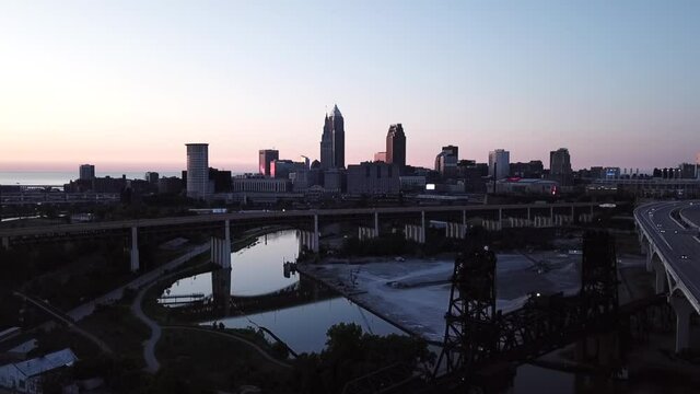 Cleveland Ohio Skyline drone aerial from Tremont at Sunset