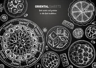 Oriental sweets vector illustration. Middle eastern food, hand drawn sketch. Linear graphic. Food menu background.