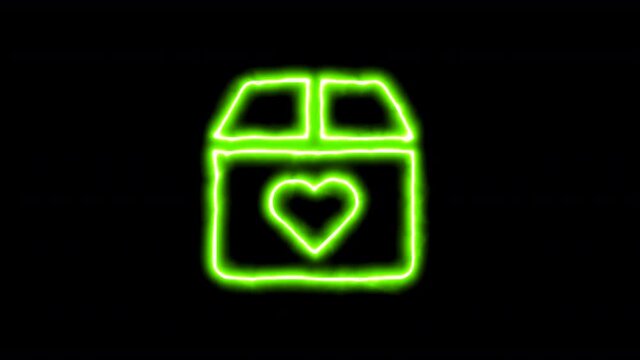 The appearance of the green neon symbol box heart. Flicker, In - Out. Alpha channel Premultiplied - Matted with color black