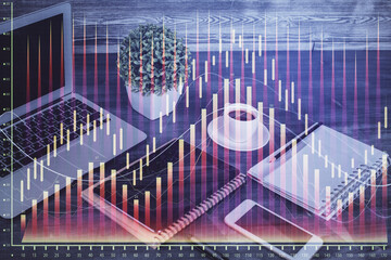 Double exposure of financial graph drawing and cell phone background. Concept of forex trading