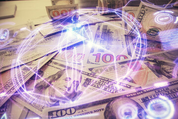 Double exposure of education theme drawing over usa dollars bill background. Concept of study.