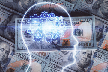 Double exposure of brain drawing over us dollars bill background. Technology concept.