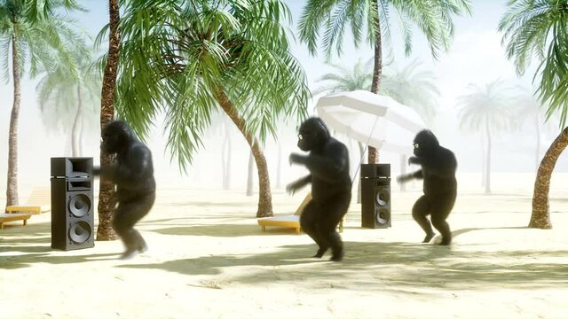 Funny gorillas and monkeys dancing on sunny seaside. Tourism and rest concept. Realistic 4K animation.
