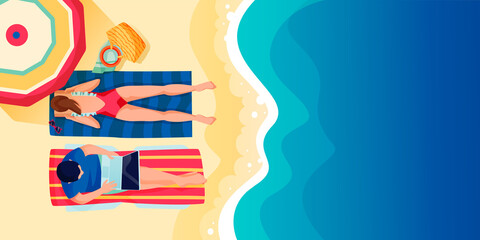 Young couple on beach, vector flat cartoon top view illustration. Summer holiday travel and vacation at resort concept