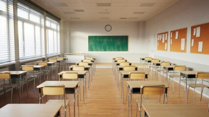 Empty classroom with chalkboard and rows of desks with chairs. Break at school.