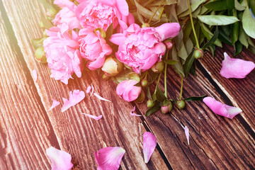 A bouquet of pink peonies on a dark wooden background flower