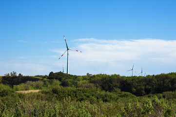 Wind turbines for electricity power production,  for electricity on  Gargano, national park in...
