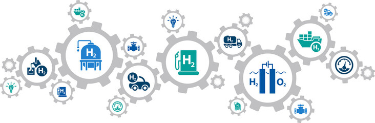 Hydrogen economy vector illustration. Concept with connected icons related to hydrogen use as fuel, in industrial processes, hydrogen storage and transport, renewable or green energy