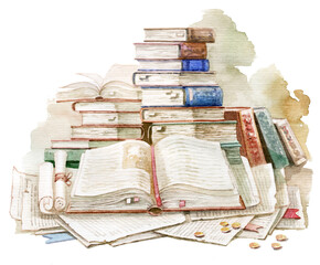 Ancient books. Old books and scrolls. Old library watercolor illustration. Ancient folios.