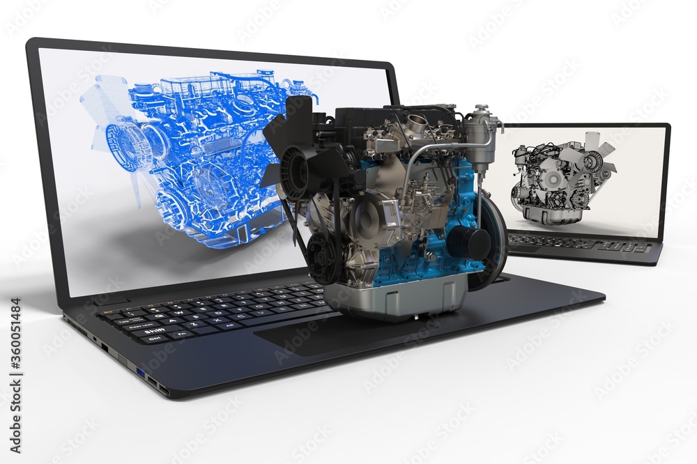 Poster 3d render a car engine representing engine and car development
