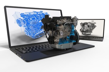 3D render a car engine representing engine and car development 