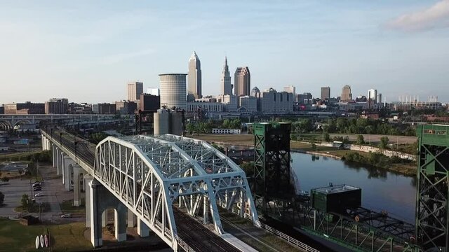 Cleveland ohio skyline from a drone aerial with a train moving through