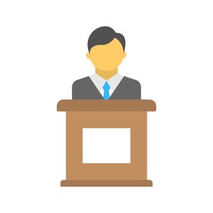 Speaker behind tribune icon illustration. Lecture, conference sign.