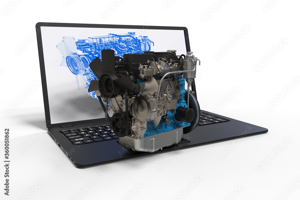 Poster 3d render a car engine representing engine and car development