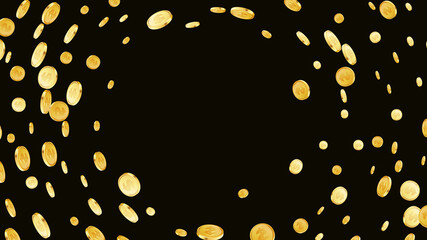 Cash fly, drop or coins rain on black isolated background.