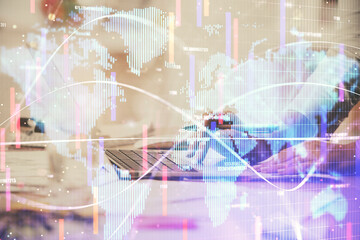 Multi exposure of woman hands typing on computer and business theme hologram drawing. Success concept.