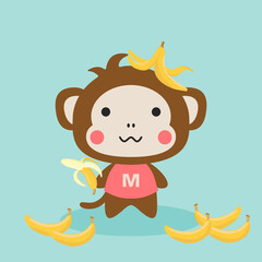 Cute monkey cartoon holding a banana. Vector illustration on blue.
