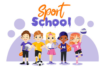 Back To School Concept. Multi Ethnic Teens Set. Different Type Of Sports. Happy Children In Uniform Play Basketball, Tennis Baseball, Volleyball And Football. Cartoon Flat Style. Vector Illustration