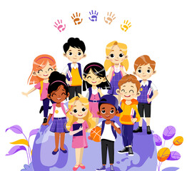 Concept Of Back To School. Group Of School Children Or Students Standing Together. Smiling Teens Boys and Girls With Backpacks, Books And Sports Equipment. Cartoon Flat Style. Vector Illustration
